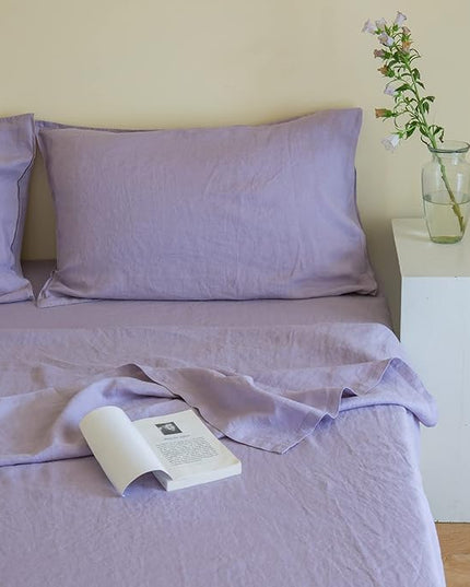 Simple&Opulence 100% Linen Sheet Set Solid Color-4 Pcs Washed French Linen Bed Sheets-Breathable Bedding Set-1 Flat Sheet,1 Fitted Sheet,2 Pillowcases (Queen,Lilac) - LeafyLoom