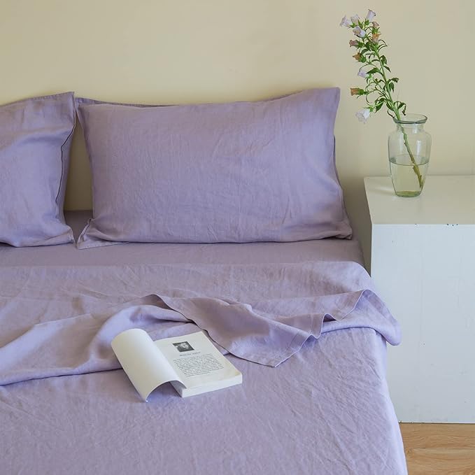 Simple&Opulence 100% Linen Sheet Set Solid Color-4 Pcs Washed French Linen Bed Sheets-Breathable Bedding Set-1 Flat Sheet,1 Fitted Sheet,2 Pillowcases (Queen,Lilac) - LeafyLoom