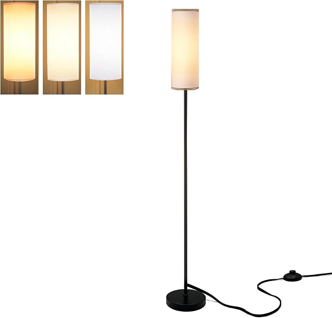 LED Floor Lamp Simple Design, Modern Floor Lamp with Shade, Tall Lamps for Living Room Bedroom Office Dining Room Kitchen, Black Pole Lamp with Foot Switch (with Bulb)(White Shade) - LeafyLoom