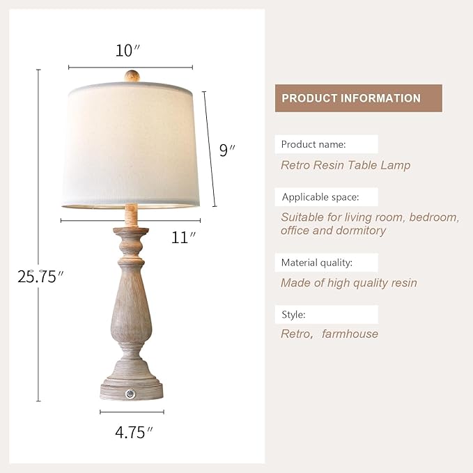 PORTRES 25.75" 3 - Way Dimmable Touch Lamps Set of 2 for Bedroom Rustic Bedside Lamp with USB A+C Charging Ports for Living room Kids Room Study Room (2 Bulbs Included) - LeafyLoom