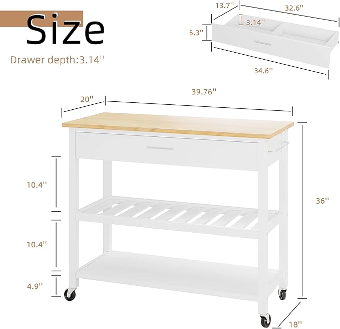 Shintenchi Kitchen Island Cart with Storage,Rolling Kitchen Island Side Table on Wheels with Large Worktop,Storage Cabinet,Towel Rack,Drawers and Open Shelves for Kitchen,Dinning Room,White - LeafyLoom