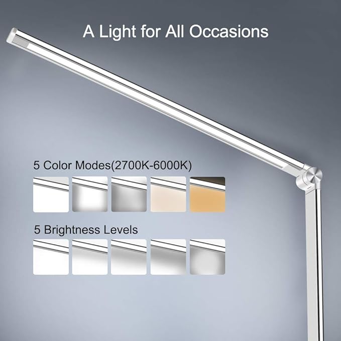 AFROG Multifunctional LED Desk Lamp with USB Charging Port, 5 Lighting Modes,5 Brightness Levels, Sensitive Control, 30/60 min Auto Timer, Eye-Caring Office Lamp，8W，5000K - LeafyLoom