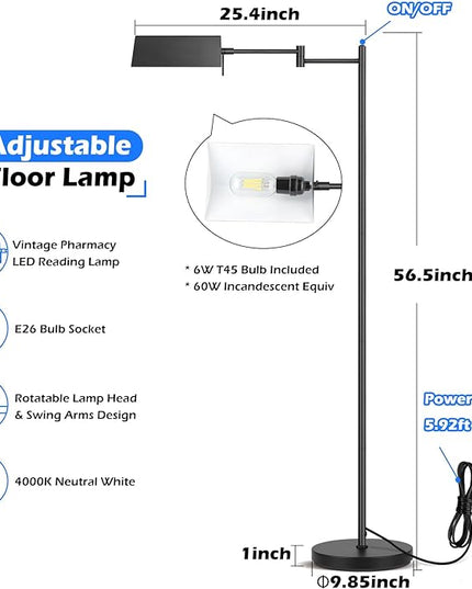 Mlambert Reading Floor Lamp,LED Pharmacy Lamp with Swing Arm,Swivel Head Adjustable Standing Lamp,E26 Base,Corner Lamp for Livingroom,Sewing(Black) - LeafyLoom
