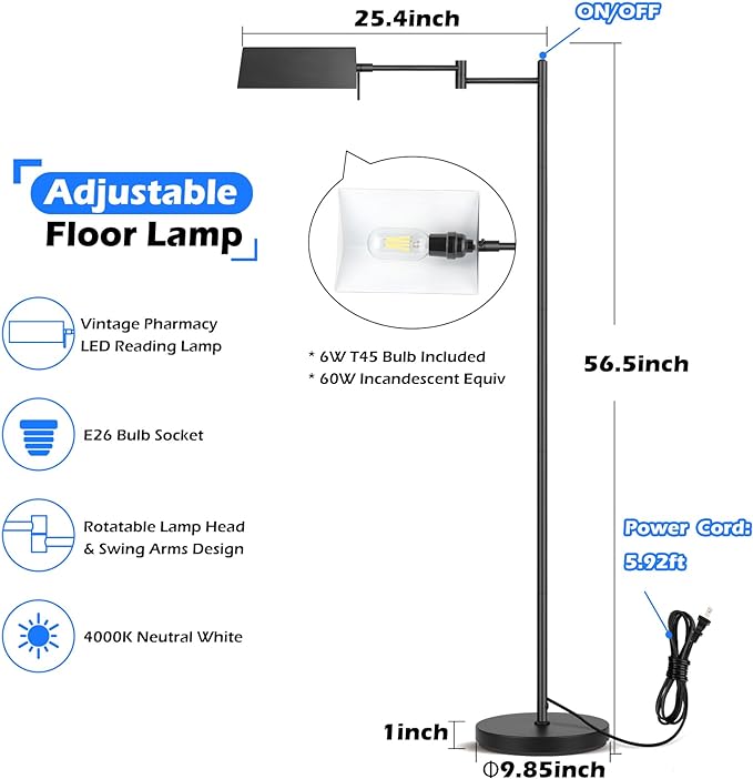 Mlambert Reading Floor Lamp,LED Pharmacy Lamp with Swing Arm,Swivel Head Adjustable Standing Lamp,E26 Base,Corner Lamp for Livingroom,Sewing(Black) - LeafyLoom
