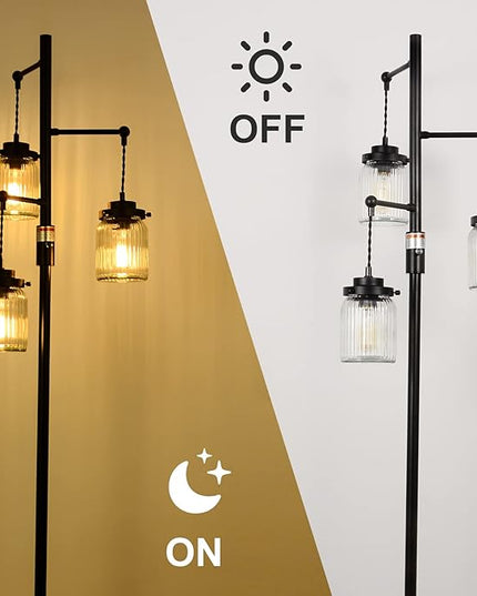 Industrial Farmhouse Rustic Lamp with 3 Glass Shades, Tall Standing Lamps with Dimmable Switch, Sturdy Base, Black Floor Lamps for Living Room Bedroom Office Home - LeafyLoom