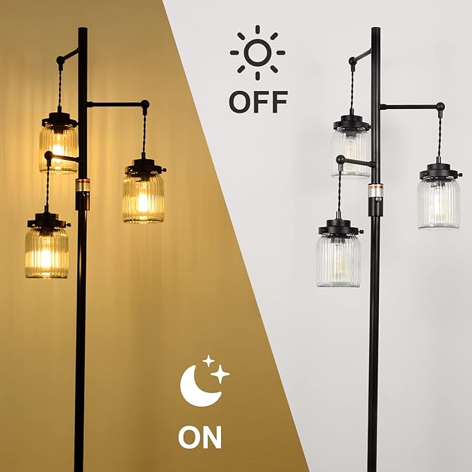 Industrial Farmhouse Rustic Lamp with 3 Glass Shades, Tall Standing Lamps with Dimmable Switch, Sturdy Base, Black Floor Lamps for Living Room Bedroom Office Home - LeafyLoom