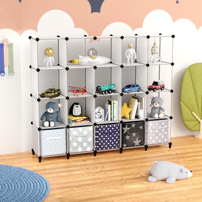 HOMIDEC 20-Cube Transparent Cube Storage Organizer, Modular Storage Shelf with Hammer, Cube Storage Bin Cabinet Closet Bookshelf for Living Room, Bedroom, Office, Each Cube Size 11.8 x 11.8 inch - LeafyLoom
