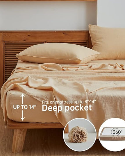 Simple&Opulence 100% Linen Sheet Set Solid Color-4 Pcs Washed French Linen Bed Sheets(1 Flat Sheet,1 Fitted Sheet,2 Pillowcases)-Breathable Bedding Set (Queen, Sand) - LeafyLoom
