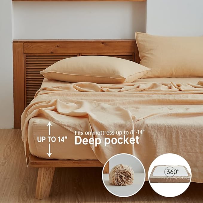 Simple&Opulence 100% Linen Sheet Set Solid Color-4 Pcs Washed French Linen Bed Sheets(1 Flat Sheet,1 Fitted Sheet,2 Pillowcases)-Breathable Bedding Set (Queen, Sand) - LeafyLoom