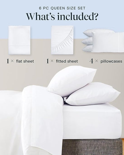 LuxClub 6 PC Queen Sheet Set, Sheets Queen Size, Deep Pockets 18" Eco Friendly Wrinkle Free Cooling Sheets Machine Washable Hotel Bedding Silky Soft - Snow White Fitted Sheet Queen Size - LeafyLoom