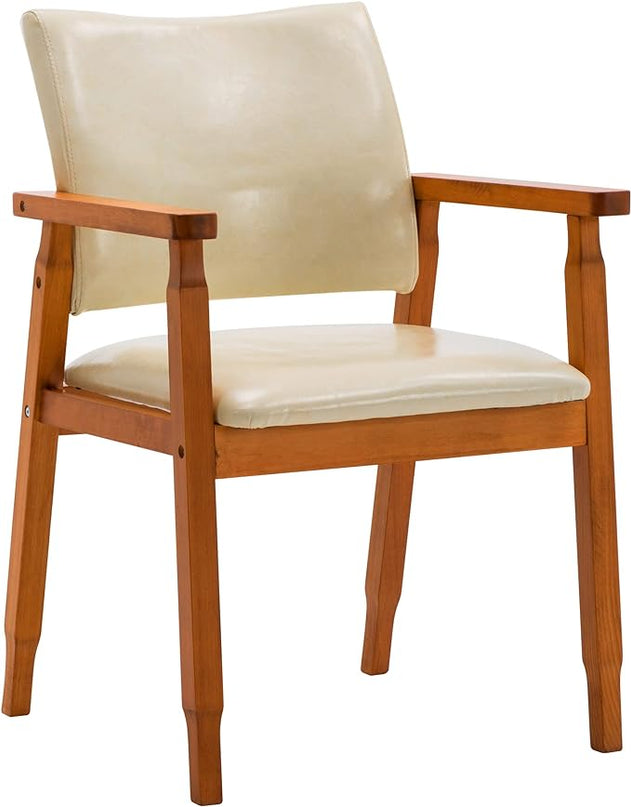 NOB Mid-Century Dining Side Chair with Faux Leather Seat in Beige, handrail Chair - LeafyLoom