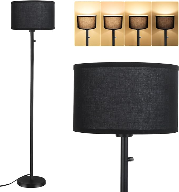 Floor Lamps for Living Room, Stepless Dimmable Standing Lamp, Modern Floor Lamp with Rotary Switch, Black Linen Shade, 9W Led Bulb Included(1000LM,2700K), Tall Lamp for Bedroom, Office, Farmhouse - LeafyLoom