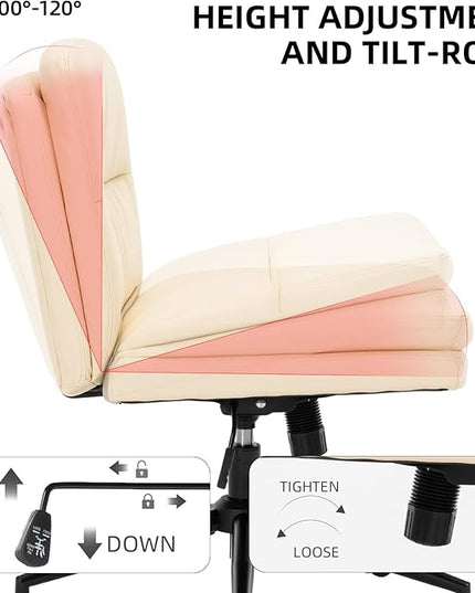 Armless Office Chair with Wheels Wide Desk Chair Leather Mid Back Accent Chair Padded Swivel Vanity Chair for Girl Women Computer Task Chair for Home Office (Leather, Beige) - LeafyLoom