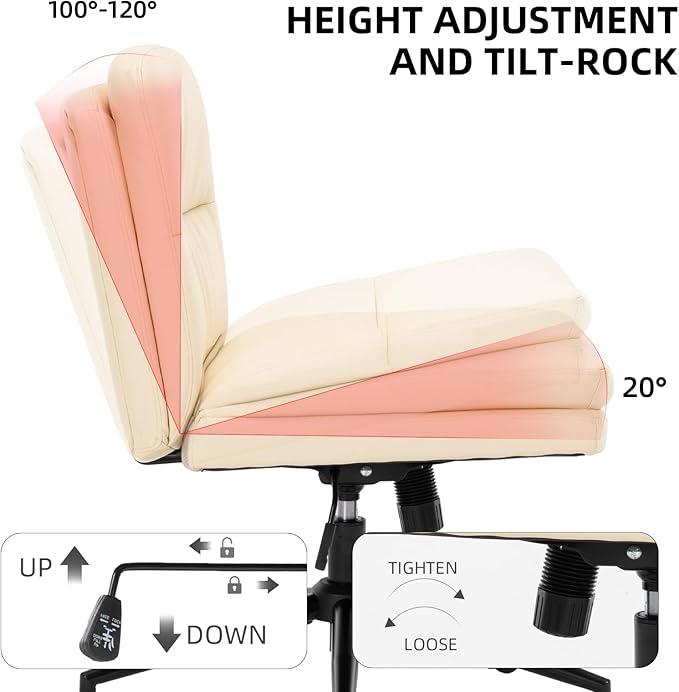 Armless Office Chair with Wheels Wide Desk Chair Leather Mid Back Accent Chair Padded Swivel Vanity Chair for Girl Women Computer Task Chair for Home Office (Leather, Beige) - LeafyLoom