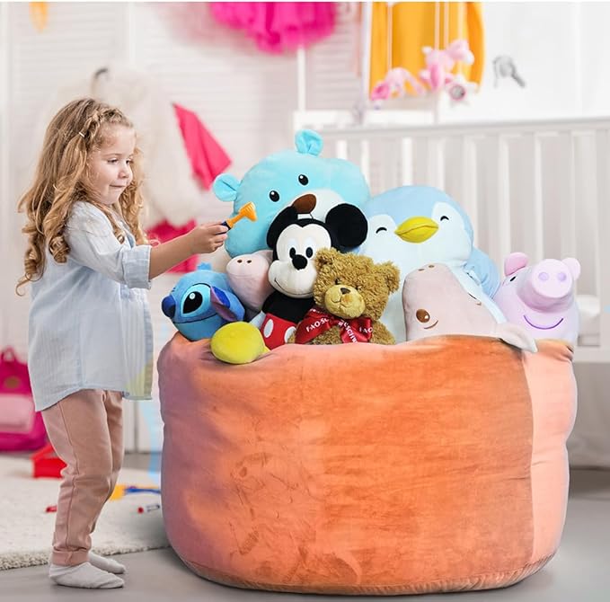 Bean Bag Chair Cover, Stuffed Animal Storage, Plush Toys Organizer Holder, Beanbag Chairs Cover for Kids Teans and Adults Super Soft and Comfortable Fabric X-Large with Handle and Zipper - Round Brown - LeafyLoom
