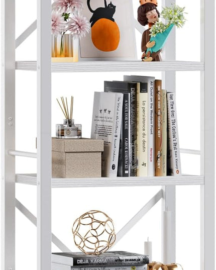 Furologee White Tall Bookshelf, Narrow Bookcase with 6 Shelves, Modern Freestanding Shelf Units, Metal and Wood Display Storage Corner Rack Organizer for Living Room, Home Office, Hallway, Bathroom - LeafyLoom