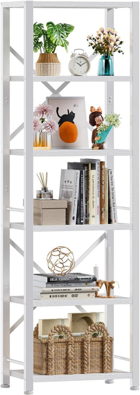 Furologee White Tall Bookshelf, Narrow Bookcase with 6 Shelves, Modern Freestanding Shelf Units, Metal and Wood Display Storage Corner Rack Organizer for Living Room, Home Office, Hallway, Bathroom - LeafyLoom