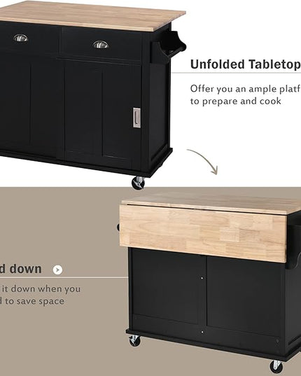 Cart with Rubber Wood Drop-Leaf Countertop and Sliding Barn Door, Rolling Mobile Island on Wheels w/Storage and Towel Rack for Dining Room Kitchen, Black, 52.2 Inch - LeafyLoom