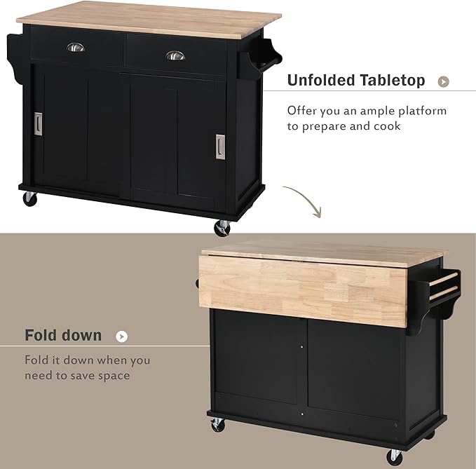 Cart with Rubber Wood Drop-Leaf Countertop and Sliding Barn Door, Rolling Mobile Island on Wheels w/Storage and Towel Rack for Dining Room Kitchen, Black, 52.2 Inch - LeafyLoom