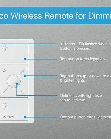 Lutron Pico Remote for Caseta Smart Dimmer Switch, 3-Button Control with Raise/Lower and Preset Lighting Level, For Table Top or Wallmount Use, PJ2-3BRL-WH-L01R, White Lutron