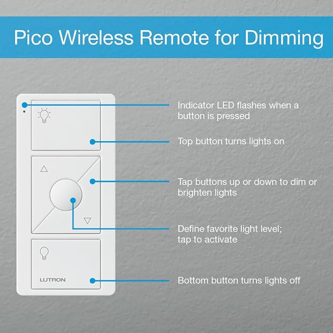 Lutron Pico Remote for Caseta Smart Dimmer Switch, 3-Button Control with Raise/Lower and Preset Lighting Level, For Table Top or Wallmount Use, PJ2-3BRL-WH-L01R, White Lutron