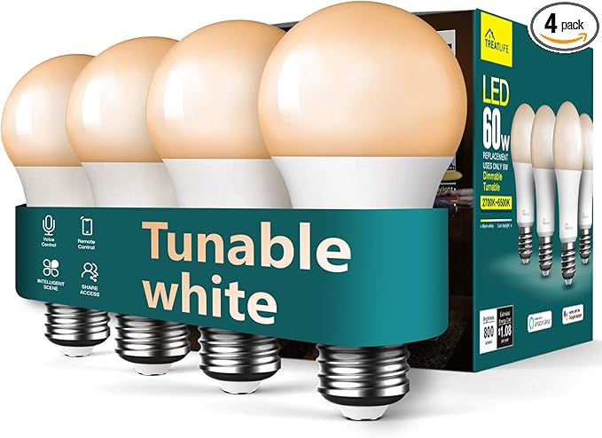 TREATLIFE Smart Light Bulbs 4Pack, 2500K-6500K Tunable White Dimmable LED Light Bulb Compatible with Alexa and Google Home, 2.4GHz WiFi Smart Bulb, 800LM, E26 A19 9W, No Hub Required TREATLIFE