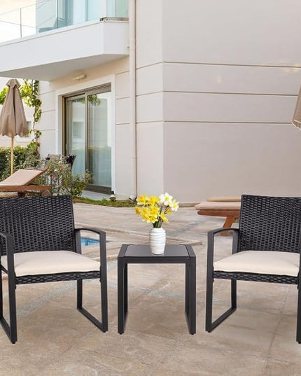 Shintenchi 3 Pieces Outdoor Patio Furniture Set Modern Black Wicker Bistro Set Rattan Chair Conversation with Coffee Table for Yard Porch Poolside Lawn(Beige) - LeafyLoom