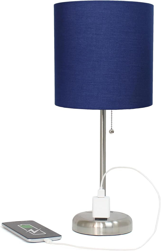 Simple Designs LT1144-NAV Sleek and Slender Brushed Steel Table Lamp with Charging Outlet, for Bedroom, Living Room, Entryway, Office, Dining Room, Study, Navy Blue Shade - LeafyLoom