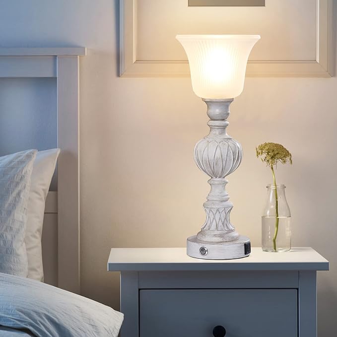 Luvkczc Touch Lamps for Living Room Set of 2, 3-Way Bedside Lamps with Glass Lampshade for Bedroom Living Room Farmhouse Office, Rustic Resin Classic Table Lamps Washed White - LeafyLoom