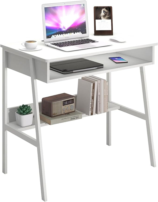 Small Computer Desk, Bureau de Travail, 31.5inch White Desk, Bureau Gaming Desk, Study Table, Sit Stand Desk with Drawers, Wood Dressing Desk with Metal Frame, for Bedroom, Livingroom, Office - LeafyLoom