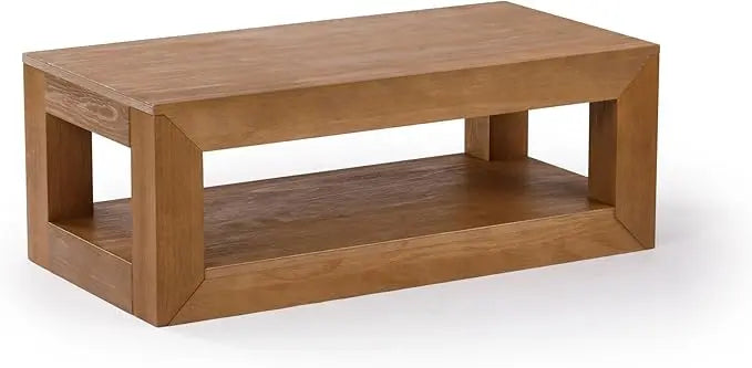 Plank+Beam Modern Rectangular Coffee Table with Shelf, Solid Wood, 40 Inch, Center Table with Storage, 2 Tier Tea Table for Living Room, Pecan Wirebrush - LeafyLoom