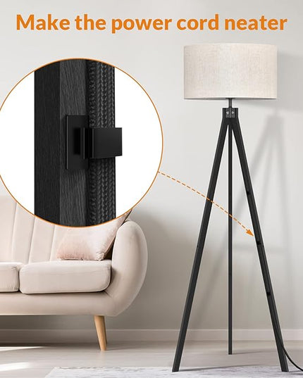 LEPOWER Wood Floor Lamp Tripod, Modern Design Mid Century Standing Lamps for Living Room,Bedroom and Office, Flaxen Lamp Shade with E26 Lamp Base Black - LeafyLoom