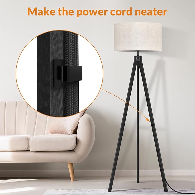 LEPOWER Wood Floor Lamp Tripod, Modern Design Mid Century Standing Lamps for Living Room,Bedroom and Office, Flaxen Lamp Shade with E26 Lamp Base Black - LeafyLoom