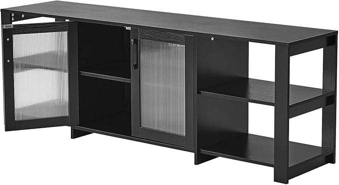 Panana TV Stand for 70 inch TV, Entertainment Center TV Console Table TV Storage Cabinets Media Console with 2 Doors and Open Shelves, 4 Cubby for Living Room Bedroom, Black - LeafyLoom
