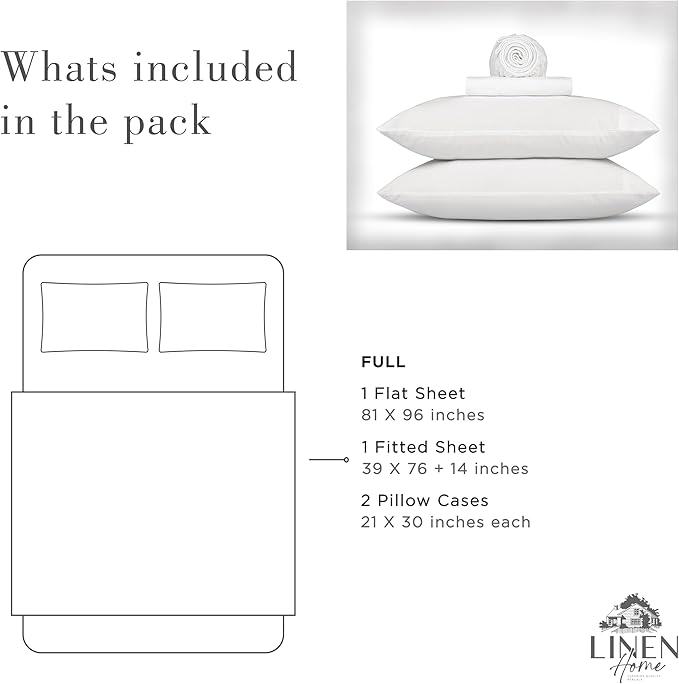 Linen Home Washed Cotton Percale Full Sheet Set, White, Deep Pocket, 4 Pieces Bed Sheets - 1 Flat Sheet, 1 Fitted Sheet & 2 Envelope Closure Pillowcases, Cool and Comfortable Bed Linen - LeafyLoom