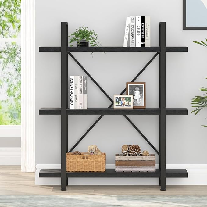 HSH 3 Tier Black Bookshelf, Industrial Small Metal Wooden Storage Book Shelves, Modern Open Low 3 Shelf Bookcase and Display Etagere, Vertical Book Shelf for Bedroom Living Room Office, Black Oak - LeafyLoom
