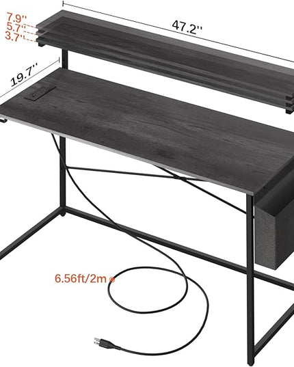 Yoobure Computer Desk with Power Outlets Fast Charging Type-C Included, Gaming Desk with LED Lights, 47" Office Desk with Adjustable Monitor Stand, Small Desk Home Office Desks with Storage Bag & Hook - LeafyLoom
