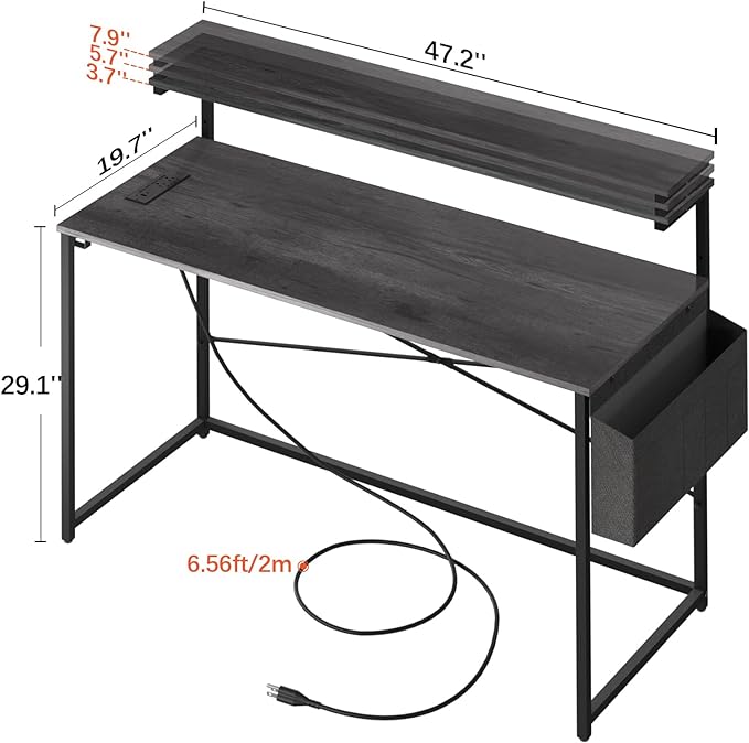 Yoobure Computer Desk with Power Outlets Fast Charging Type-C Included, Gaming Desk with LED Lights, 47" Office Desk with Adjustable Monitor Stand, Small Desk Home Office Desks with Storage Bag & Hook - LeafyLoom