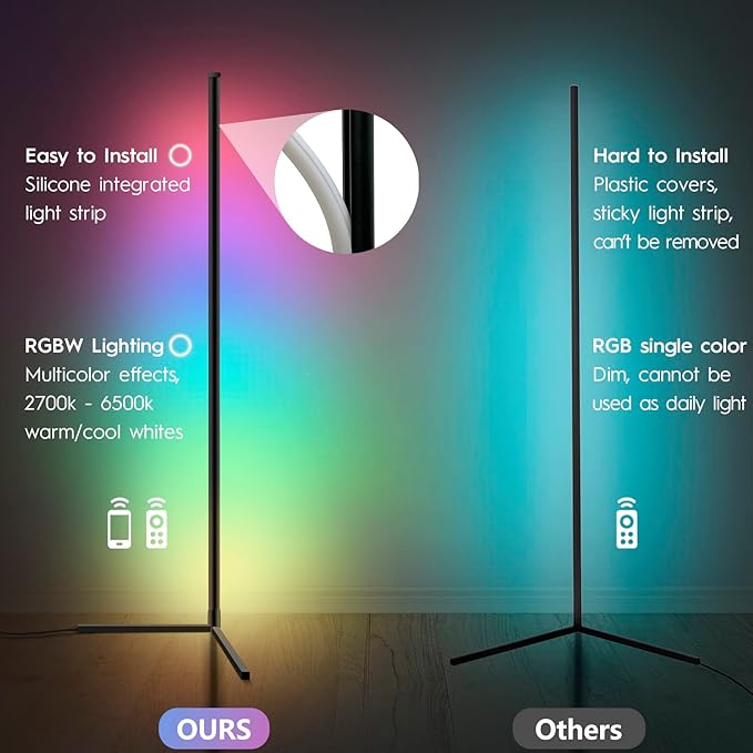 RGBWW Corner Lamp, Color Changing Floor Lamps for Living Room, Compatible with Alexa, Google Home, WiFi APP Remote Control, 2700k-6500k Smart LED 61" Tall Standing Lamp for Bedroom Game Room - LeafyLoom