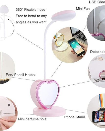 Pink Desk Lamp for Girls Bedroom Cute Desk Lamp 6 in 1 Eye-Caring Study Table Lamp for Kids Girls Women College Dorm Bedroom Reading,Stepless Dimming - LeafyLoom