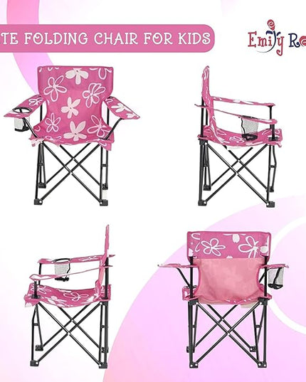 Emily Rose Kids Folding Chair | USA Company | Pink Kid Beach Chair with Safety Lock- Camping Chair for Girls Toddler with Cup Holder & Carry Case- Tailgate, Travel, Beach, Lawn- for Indoor & Outdoor - LeafyLoom