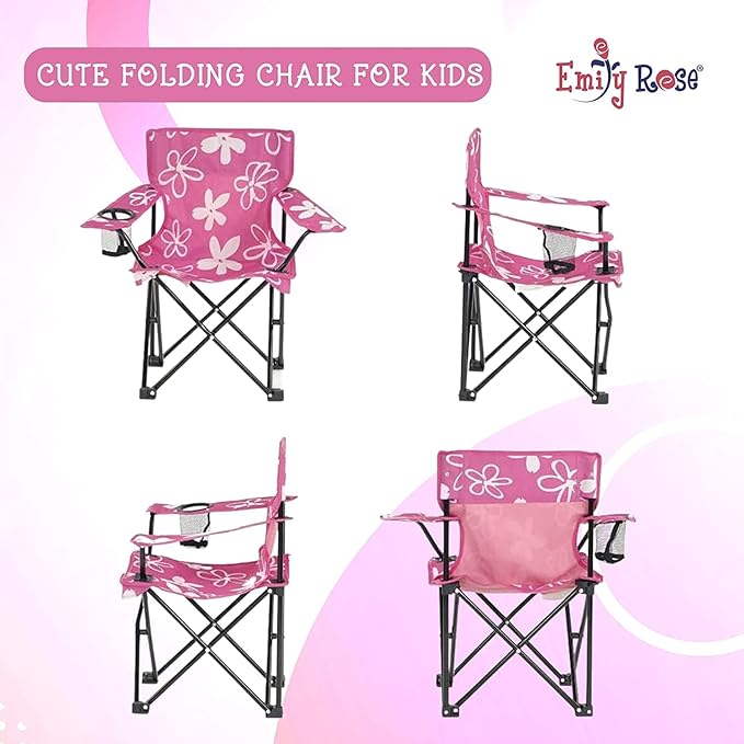 Emily Rose Kids Folding Chair | USA Company | Pink Kid Beach Chair with Safety Lock- Camping Chair for Girls Toddler with Cup Holder & Carry Case- Tailgate, Travel, Beach, Lawn- for Indoor & Outdoor - LeafyLoom