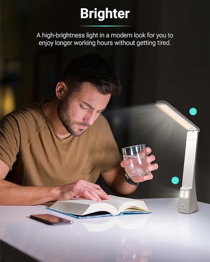 LED Desk Lamp with Night Light Foldable Portable High Brightness Eye Care Lamp. Touch Control, Rechargeable, for Home Reading Light, Office and Dormitory (White 2.0) - LeafyLoom