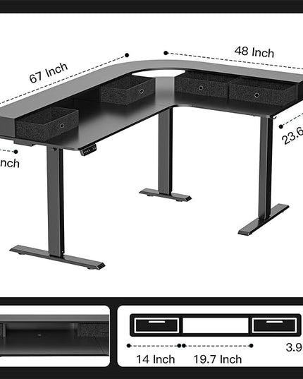 L Shape Standing Desk, 67 * 48 Inches Adjustable Height Standing Desk with 4 Drawers, Corner Electric Standing Desk with Monitor Stand for Home Office, Classic Black - LeafyLoom