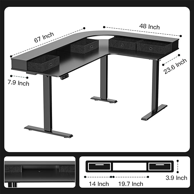 L Shape Standing Desk, 67 * 48 Inches Adjustable Height Standing Desk with 4 Drawers, Corner Electric Standing Desk with Monitor Stand for Home Office, Classic Black - LeafyLoom