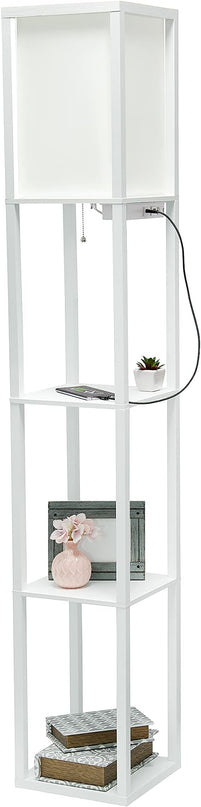 Simple Designs LF1037-WHT Floor Lamp Etagere Organizer Storage Shelf with 2 USB Charging Ports, 1 Charging Outlet and Linen Shade, White - LeafyLoom