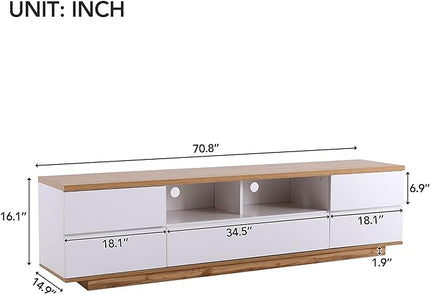 71 Inch TV Stand for TVs up to 80'', Television Stand with Ample Storage Space and Door Rebound Device, Entertainment Center for Living Room, Bedroom, White+Natural - LeafyLoom