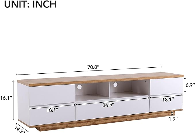 71 Inch TV Stand for TVs up to 80'', Television Stand with Ample Storage Space and Door Rebound Device, Entertainment Center for Living Room, Bedroom, White+Natural - LeafyLoom