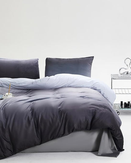 Wellboo Grey Gradient Comforter Sets Full Silver Grey Velvet Bedding Comforters Modern Plain White and Dark Grey Flannel Quilts Farmhouse Abstract Art Gray Comforters Micromink Sherpa Fuzzy Plush Bed - LeafyLoom