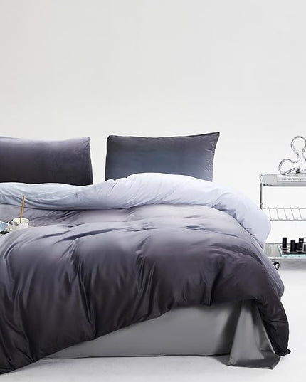 Wellboo Grey Gradient Comforter Sets King Silver Grey Velvet Bedding Comforters Modern Plain White and Dark Grey Flannel Quilts Farmhouse Abstract Art Gray Comforters Micromink Sherpa Fuzzy Plush Bed - LeafyLoom